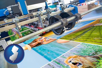 a press run on an offset printer - with New Jersey icon