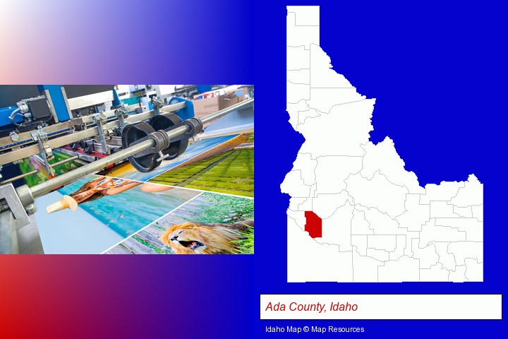 a press run on an offset printer; Ada County, Idaho highlighted in red on a map