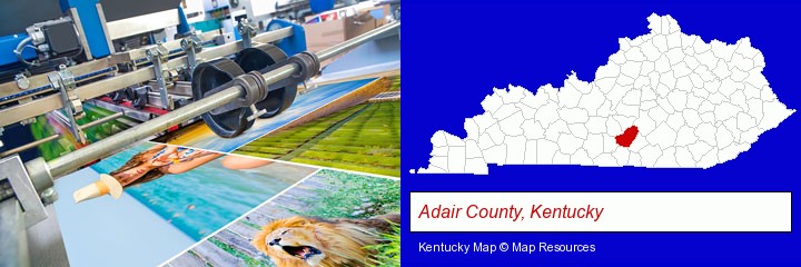 a press run on an offset printer; Adair County, Kentucky highlighted in red on a map