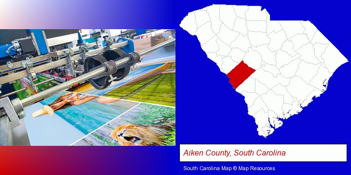 a press run on an offset printer; Aiken County, South Carolina highlighted in red on a map