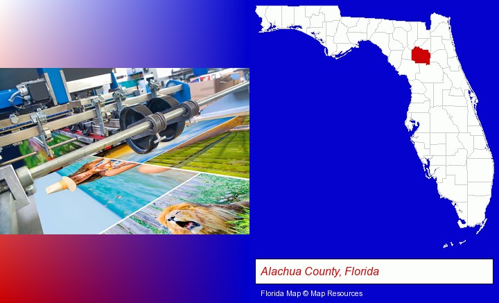 a press run on an offset printer; Alachua County, Florida highlighted in red on a map