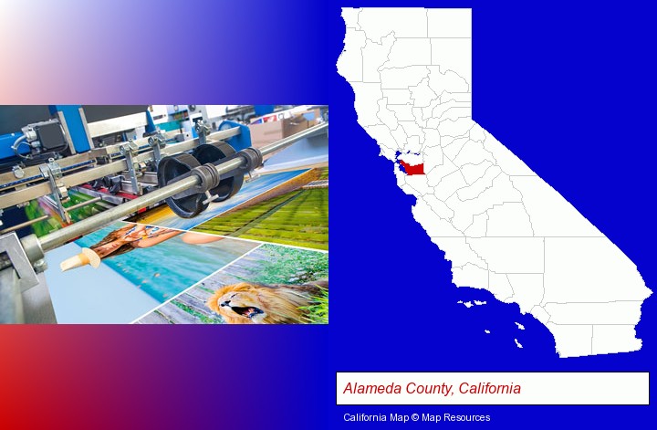 a press run on an offset printer; Alameda County, California highlighted in red on a map