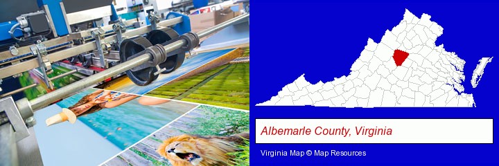 a press run on an offset printer; Albemarle County, Virginia highlighted in red on a map