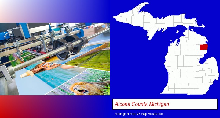 a press run on an offset printer; Alcona County, Michigan highlighted in red on a map