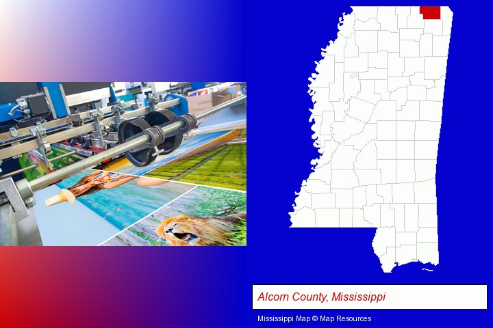 a press run on an offset printer; Alcorn County, Mississippi highlighted in red on a map