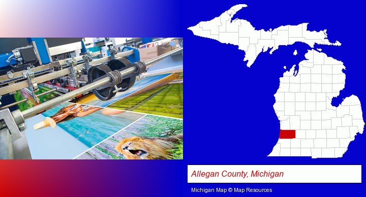 a press run on an offset printer; Allegan County, Michigan highlighted in red on a map