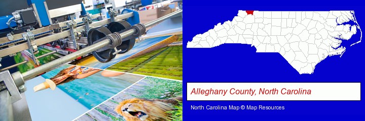a press run on an offset printer; Alleghany County, North Carolina highlighted in red on a map