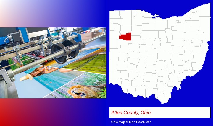 a press run on an offset printer; Allen County, Ohio highlighted in red on a map