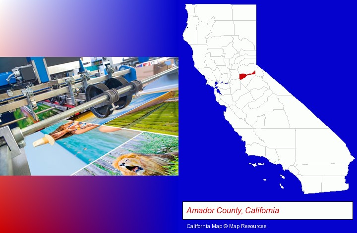 a press run on an offset printer; Amador County, California highlighted in red on a map