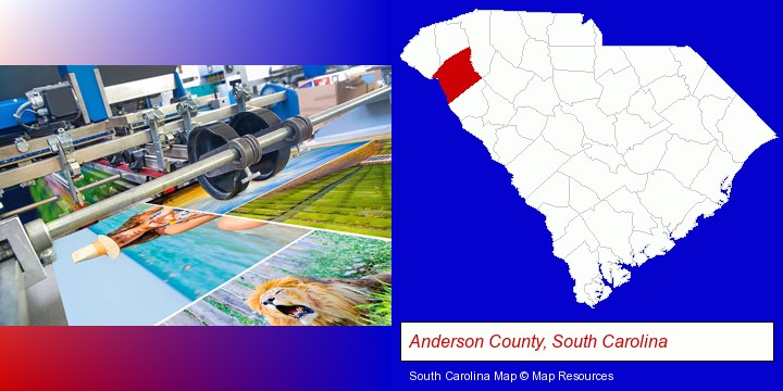 a press run on an offset printer; Anderson County, South Carolina highlighted in red on a map