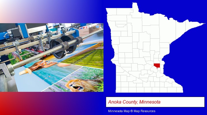 a press run on an offset printer; Anoka County, Minnesota highlighted in red on a map