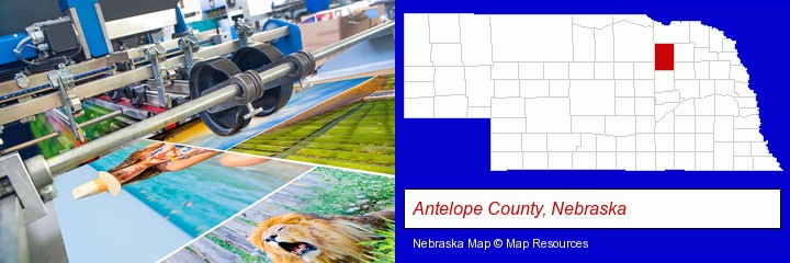 a press run on an offset printer; Antelope County, Nebraska highlighted in red on a map