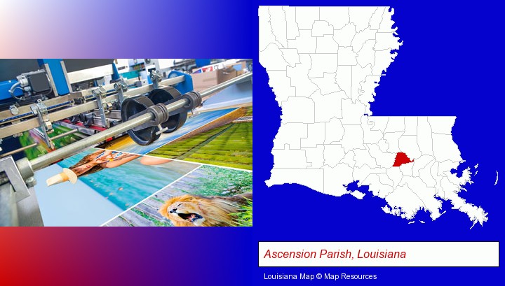 a press run on an offset printer; Ascension Parish, Louisiana highlighted in red on a map