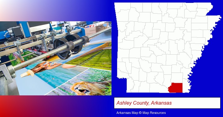 a press run on an offset printer; Ashley County, Arkansas highlighted in red on a map