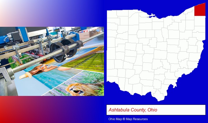 a press run on an offset printer; Ashtabula County, Ohio highlighted in red on a map