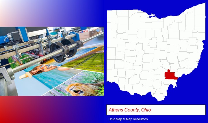 a press run on an offset printer; Athens County, Ohio highlighted in red on a map