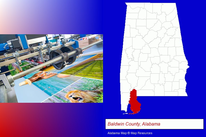 a press run on an offset printer; Baldwin County, Alabama highlighted in red on a map