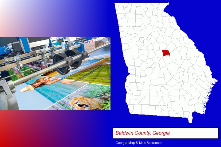 a press run on an offset printer; Baldwin County, Georgia highlighted in red on a map