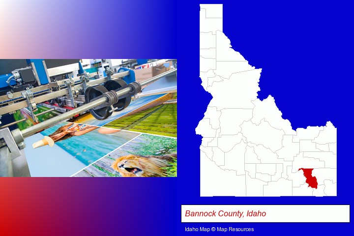 a press run on an offset printer; Bannock County, Idaho highlighted in red on a map