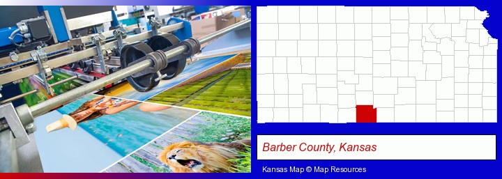a press run on an offset printer; Barber County, Kansas highlighted in red on a map