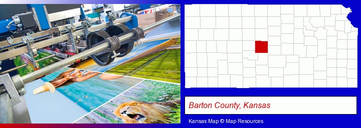 a press run on an offset printer; Barton County, Kansas highlighted in red on a map