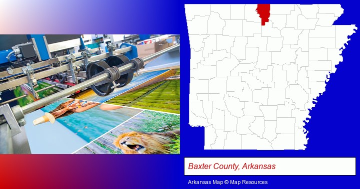 a press run on an offset printer; Baxter County, Arkansas highlighted in red on a map