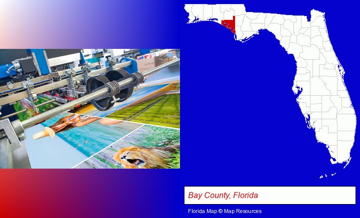 a press run on an offset printer; Bay County, Florida highlighted in red on a map