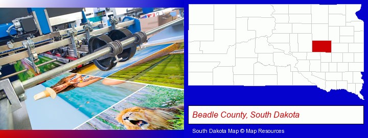 a press run on an offset printer; Beadle County, South Dakota highlighted in red on a map