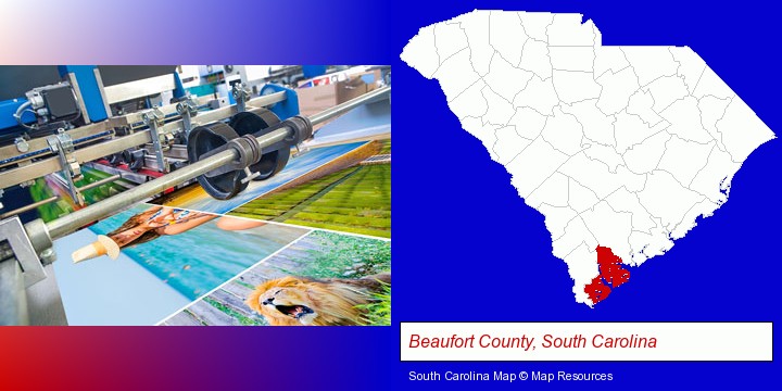 a press run on an offset printer; Beaufort County, South Carolina highlighted in red on a map