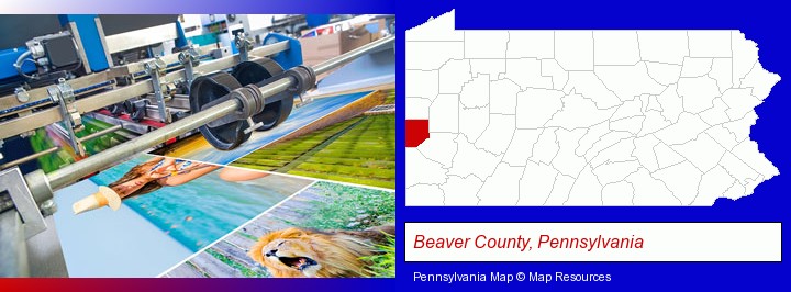 a press run on an offset printer; Beaver County, Pennsylvania highlighted in red on a map