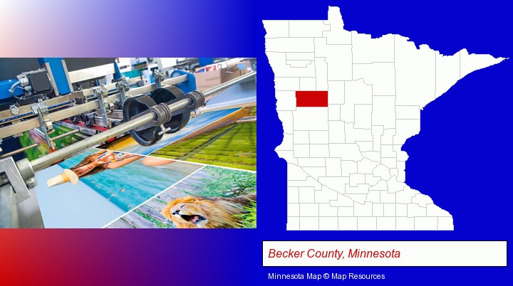 a press run on an offset printer; Becker County, Minnesota highlighted in red on a map
