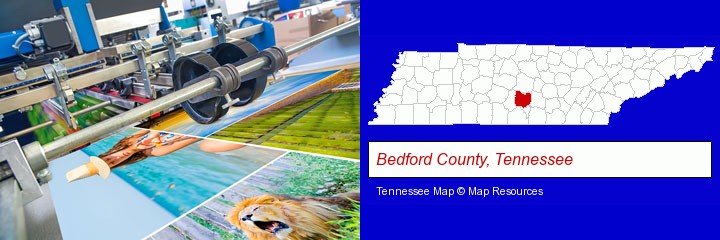 a press run on an offset printer; Bedford County, Tennessee highlighted in red on a map