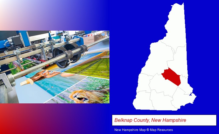 a press run on an offset printer; Belknap County, New Hampshire highlighted in red on a map