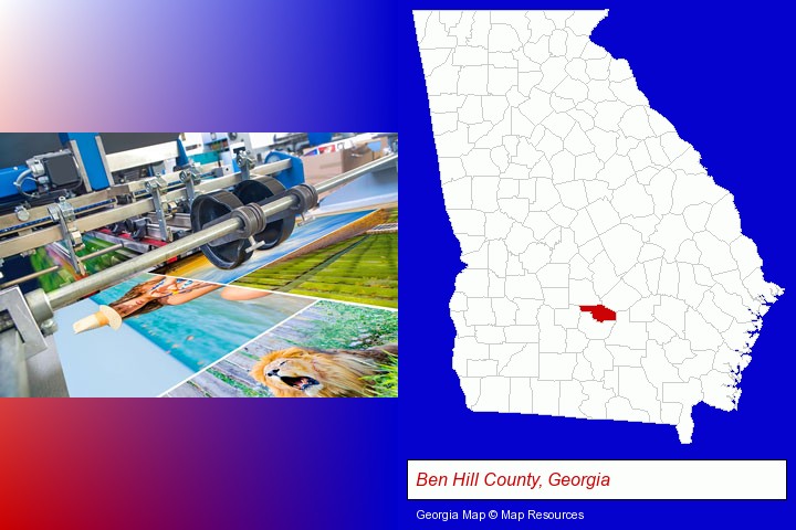 a press run on an offset printer; Ben Hill County, Georgia highlighted in red on a map