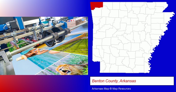 a press run on an offset printer; Benton County, Arkansas highlighted in red on a map
