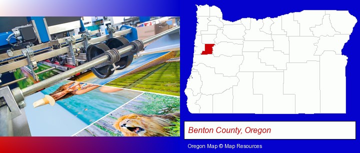 a press run on an offset printer; Benton County, Oregon highlighted in red on a map