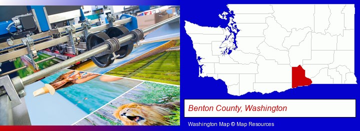 a press run on an offset printer; Benton County, Washington highlighted in red on a map