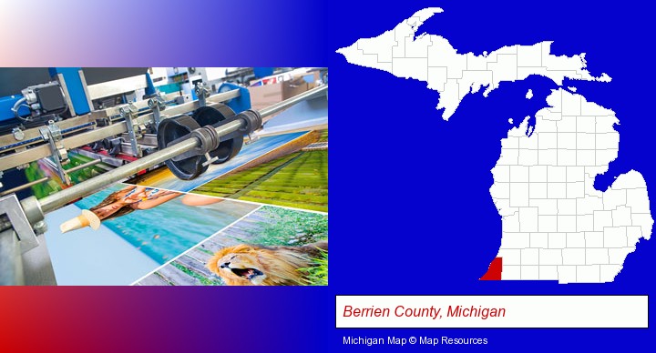 a press run on an offset printer; Berrien County, Michigan highlighted in red on a map