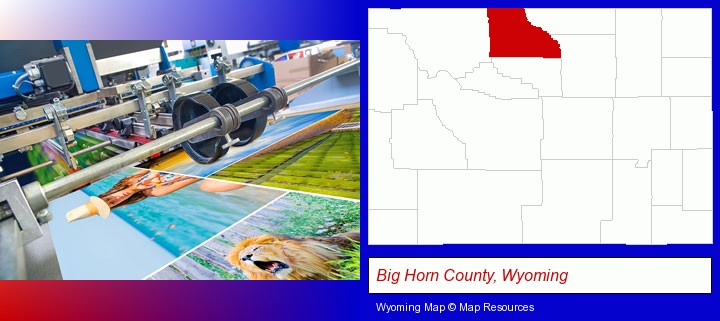 a press run on an offset printer; Big Horn County, Wyoming highlighted in red on a map