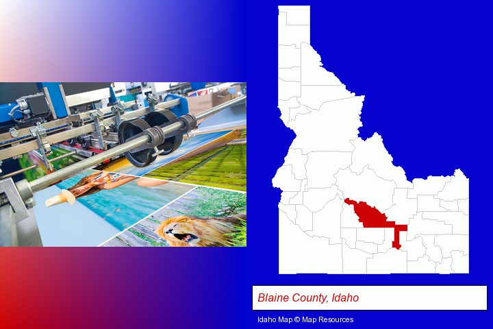 a press run on an offset printer; Blaine County, Idaho highlighted in red on a map