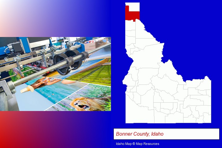 a press run on an offset printer; Bonner County, Idaho highlighted in red on a map