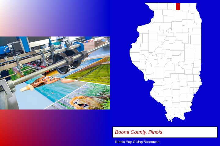 a press run on an offset printer; Boone County, Illinois highlighted in red on a map