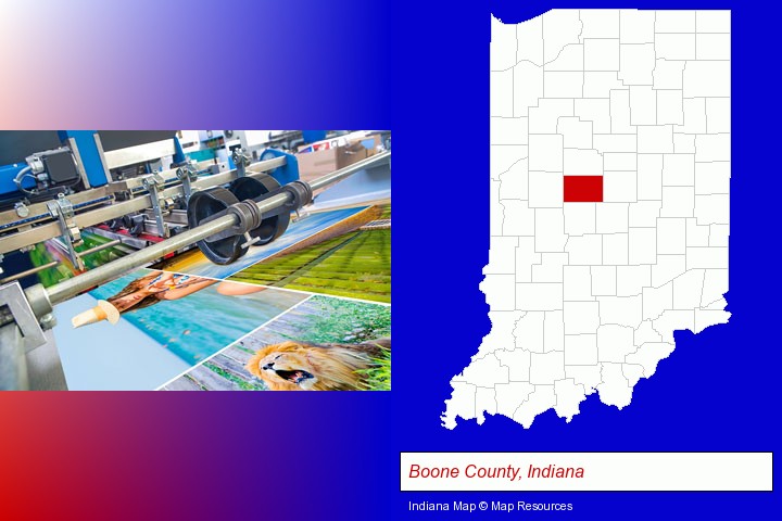 a press run on an offset printer; Boone County, Indiana highlighted in red on a map