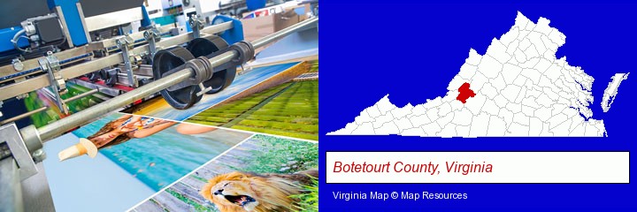 a press run on an offset printer; Botetourt County, Virginia highlighted in red on a map