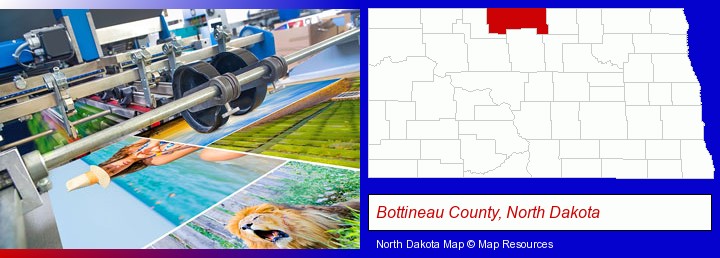 a press run on an offset printer; Bottineau County, North Dakota highlighted in red on a map