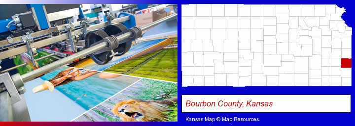 a press run on an offset printer; Bourbon County, Kansas highlighted in red on a map