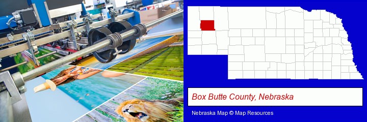 a press run on an offset printer; Box Butte County, Nebraska highlighted in red on a map