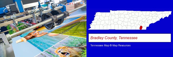 a press run on an offset printer; Bradley County, Tennessee highlighted in red on a map