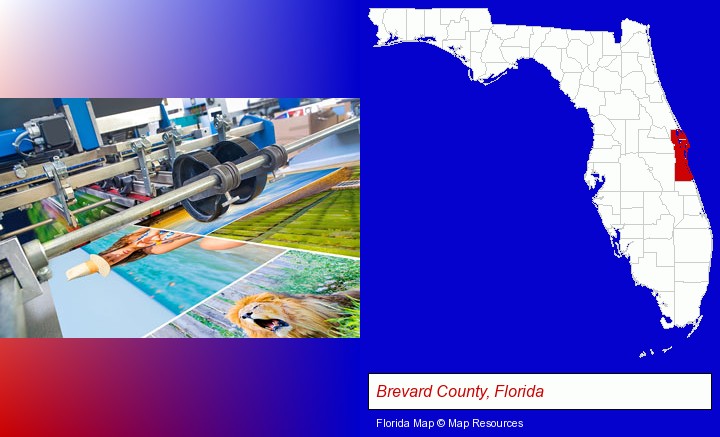 a press run on an offset printer; Brevard County, Florida highlighted in red on a map