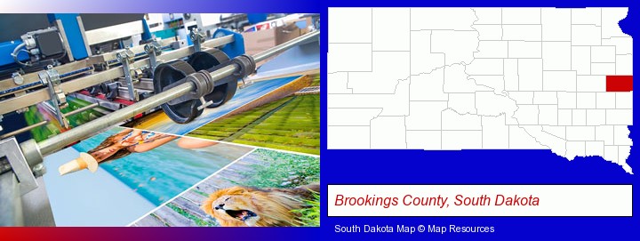 a press run on an offset printer; Brookings County, South Dakota highlighted in red on a map
